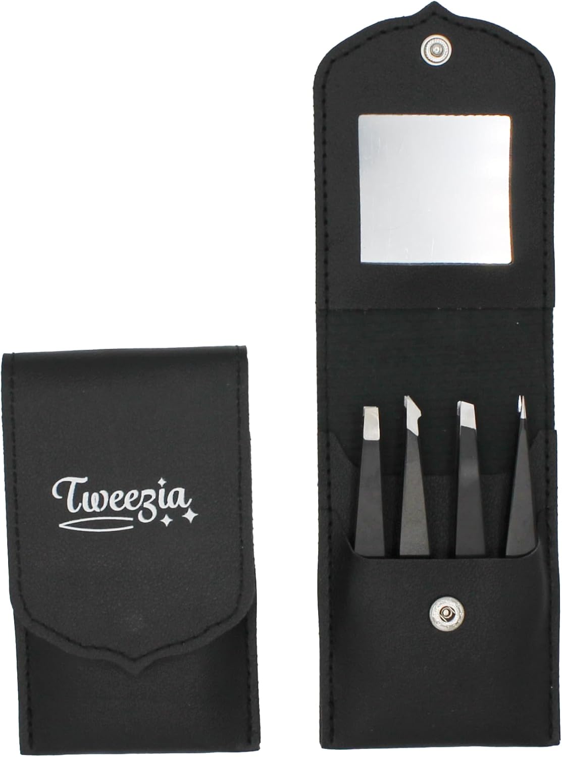 TWEEZIA Stainless Steel Tweezer Set - 4 Precision Tweezers with Mirror & Leather Case - Ideal Eyebrow Kit, Ingrown Hair Tweezers, Splinter Removal Kit or Pointed Tweezers for Beauty and Personal Care